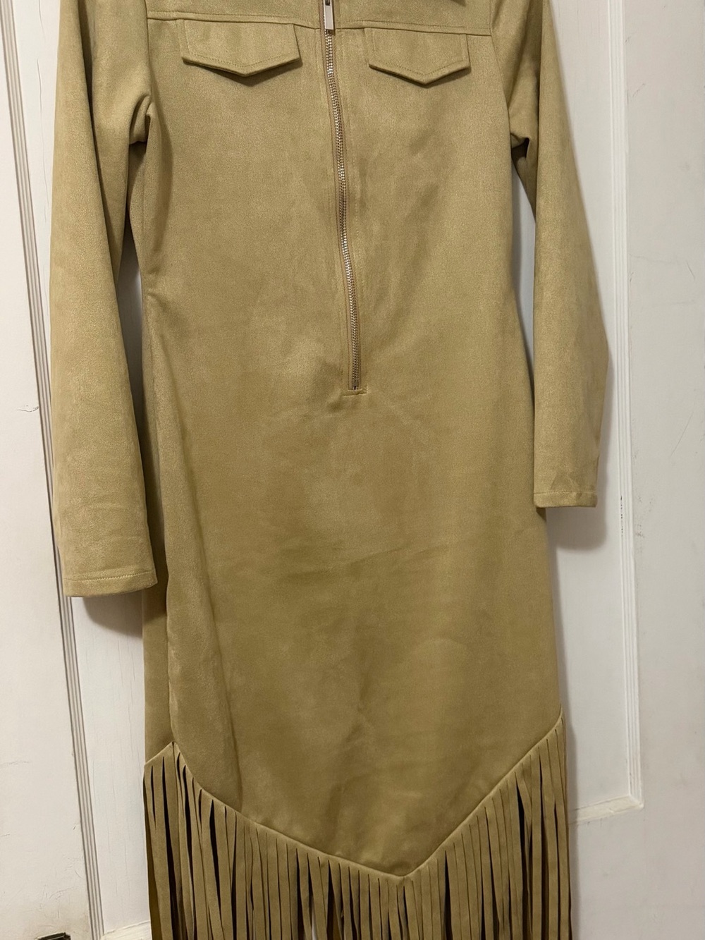 Fringed Long-Sleeve Suede-Look Dress in Tan